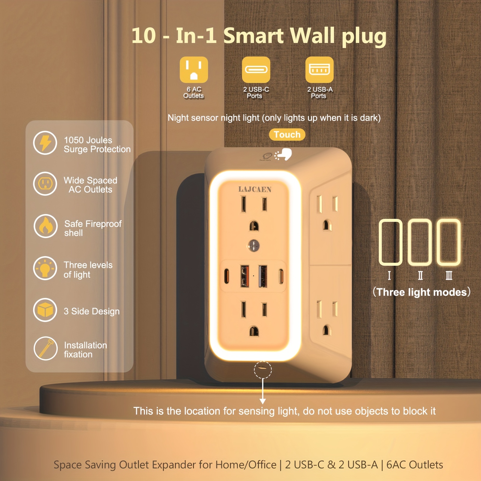 2026 NEW LAJCAEN Smart Multi Plug Outlet With Night Light 10-1 USB Wall Charger Surge Protector Night Light Touchable 3 Levels Of Light, Wall Charger Plug Outlet Extender & USB Ports (2A+2C), Wall Power For College Home Travel Office Dorm Essentials 3 2026 NEW LAJCAEN Smart Multi Plug Outlet With Night Light 10-1 USB Wall Charger Surge Protector Night Light Touchable 3 Levels Of Light, Wall Charger Plug Outlet Extender & USB Ports (2A+2C), Wall Power For College Home Travel Office Dorm Essentials - Image 3