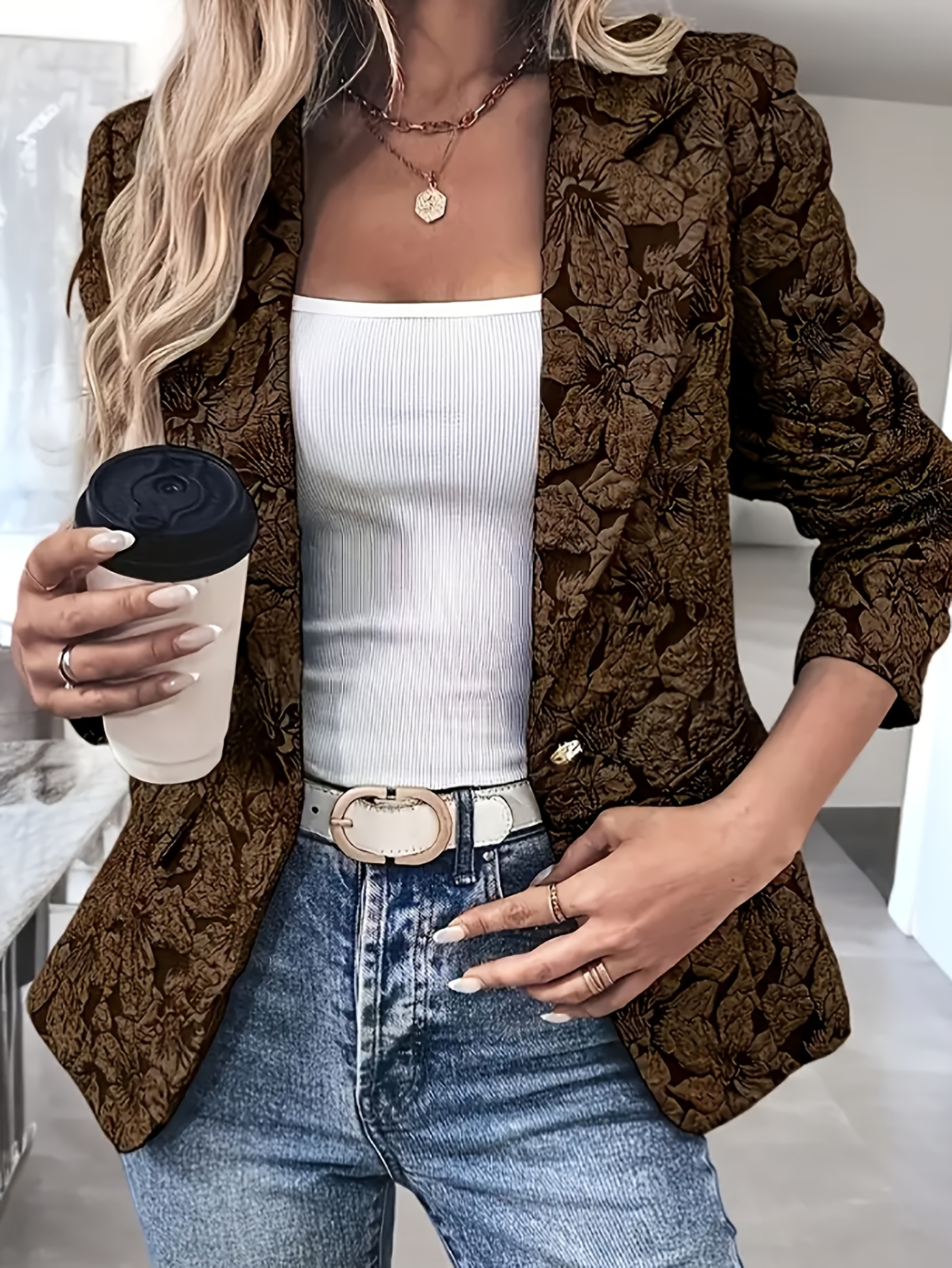 γυναικείο μπλέιζερ - από γραφείο σε πάρτι στυλ, δομημένο h-σιλουέτα με κουμπιά, καφέ επίσημο & casual εξωτερικό ένδυμα για άνοιξη/φθινό, εμφανή σχεδίαση μανικιών, ιδανικό για καθημερινές εκδηλώσεις και μεταβατική περίοδο Στοιχεία είδους 1