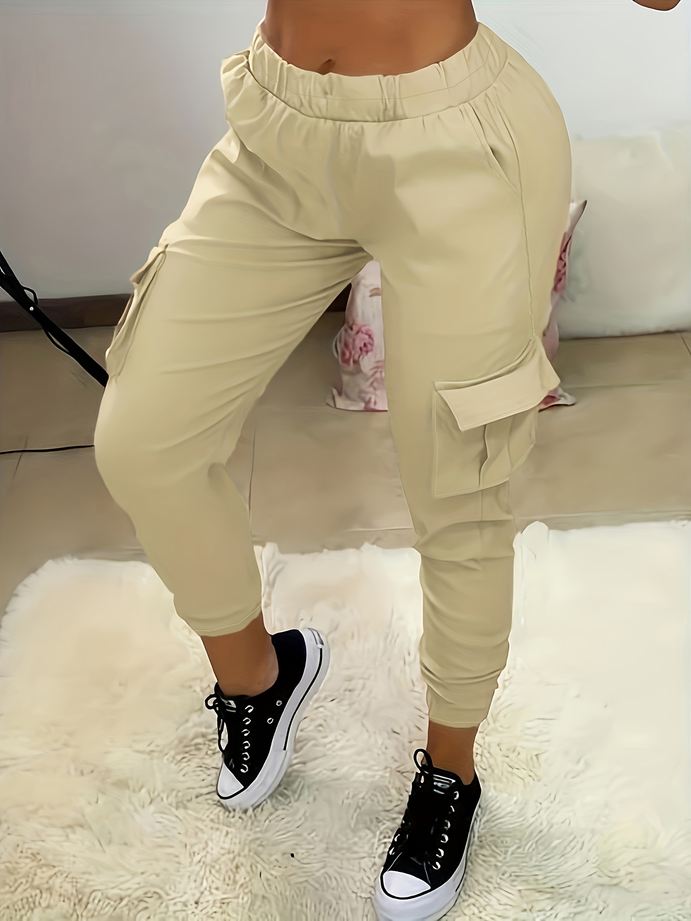 Plus Size Casual Pants, Women's Plus Solid Elastic High Rise Jogger Cargo  Trousers With Flap Pockets