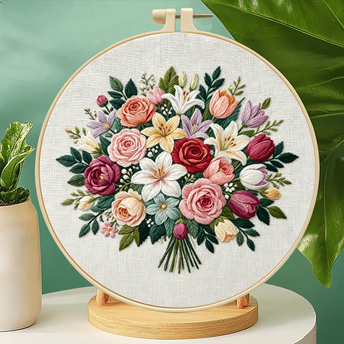 TEMU 1 Kit de Broderie 1 Bouquet de Matériel Pack Débutant Outil Complet Décoration Florale Maison Soulagement du Stress Peinture Maison Broderie Fil