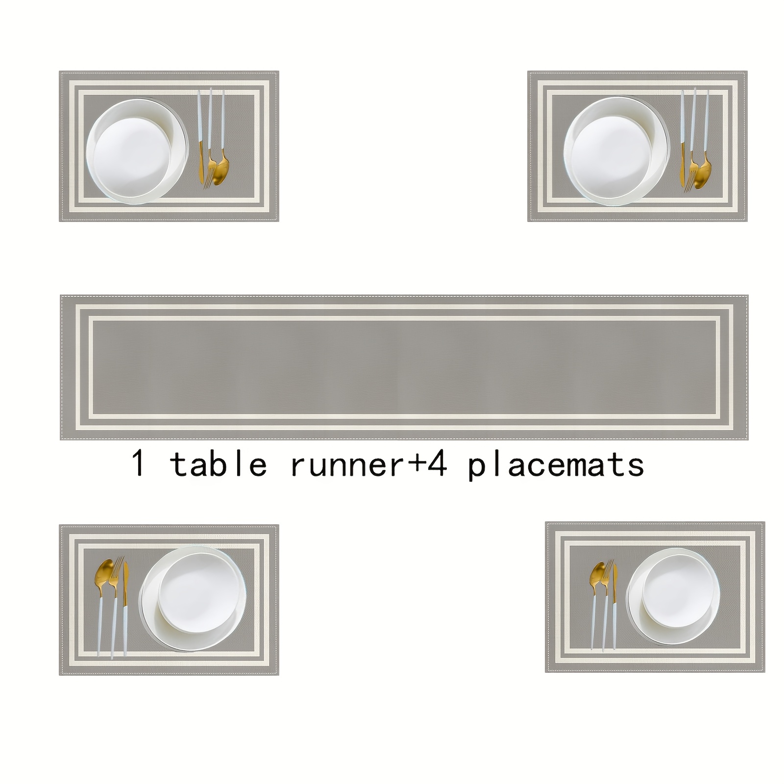 5/7pcs Set, Gray Theme With Geometric White , Table Runner And Placemat Set, Washable Table Runner And Placemats, For Home Kitchen, Outdoor Party, Dining Table Runner And Placemats