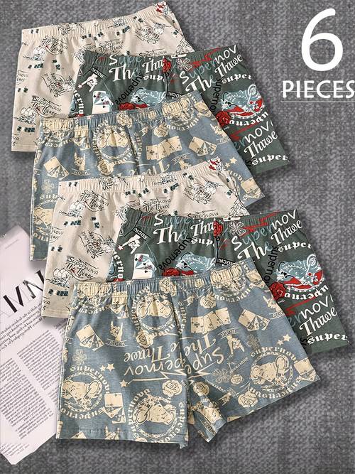 a pack of 6 mixed styles trendy mens boxer shorts featuring 2pcs of designs with fashionable prints loose and breathable