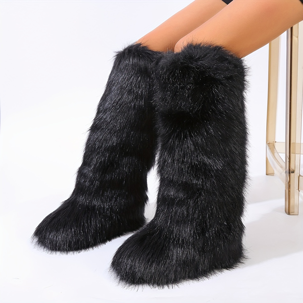Fuzzy Knee-High Flat Women'S Boots, Women Shoes