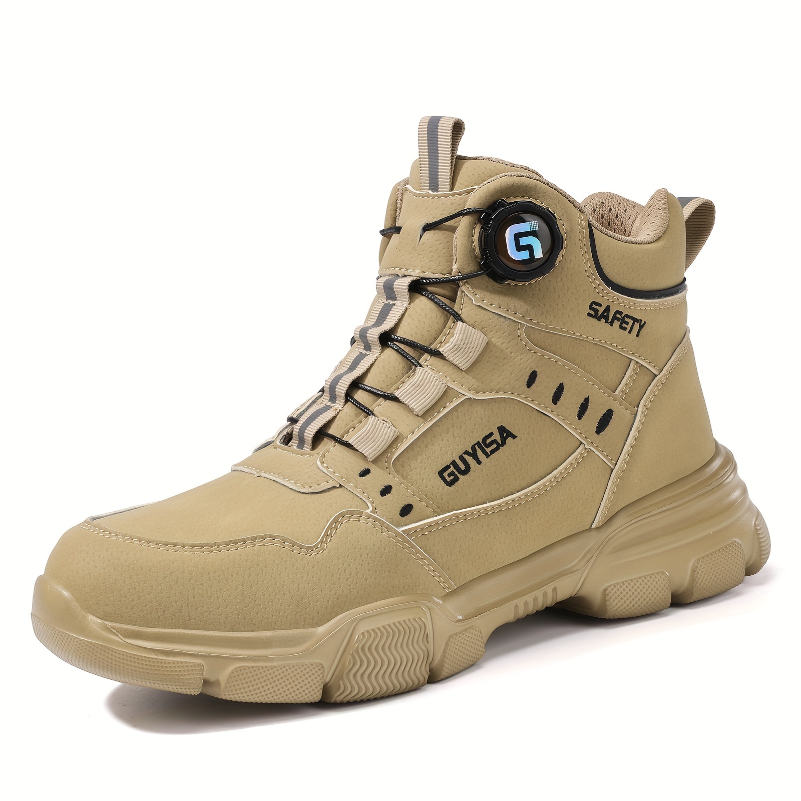 1 pair mens high top work shoes steel toe safety sneakers with side comfortable anti smash anti puncture casual sports footwear solid color round toe eva sole fabric new retro style college style movement style spring autumn spring summer details 3