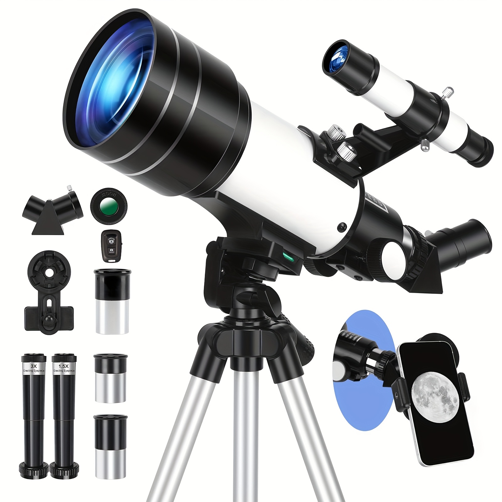 TEMU 150x Telescope, 70mm Aperture Telescope Monocular, Portable Astronomical Telescope With 3 Eyepiece, Tripod Phone Holder, Lens, Viewing Nature,