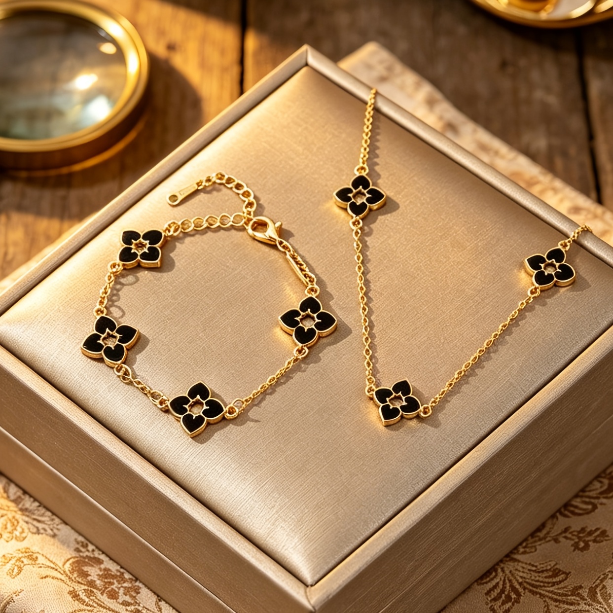 TEMU 2pcs Women's Clover & Chain Bracelet Necklace - Elegant Minimalist Charm With White & Black Chains, For Good Luck Gifts (graduation, Valentine's