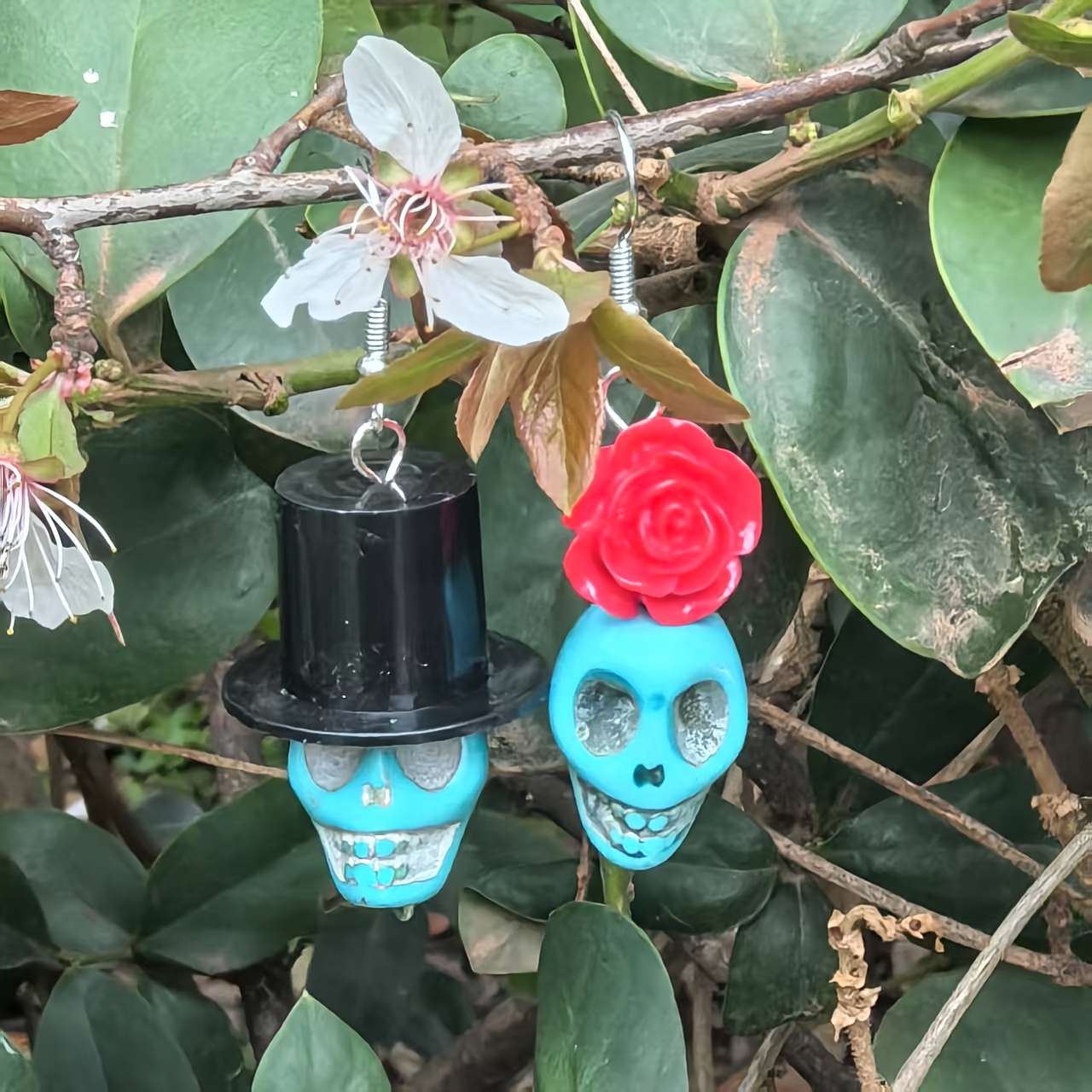 Gothic Skull & Rose Earrings Halloween Resin Crafted Iron Hooks