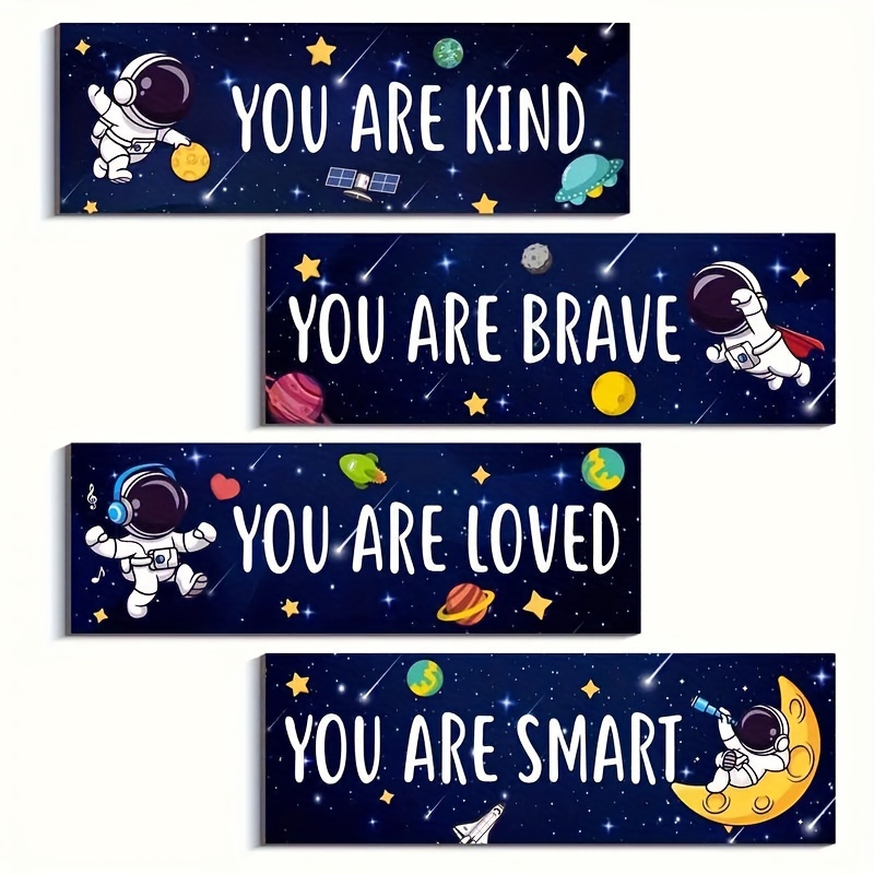 

Galaxy Adventure 4-piece Wall Decor Set - Vibrant Space Posters With Handcrafted Wooden Signs & Inspirational - Perfect For Bedroom, Living Room, Or Nursery