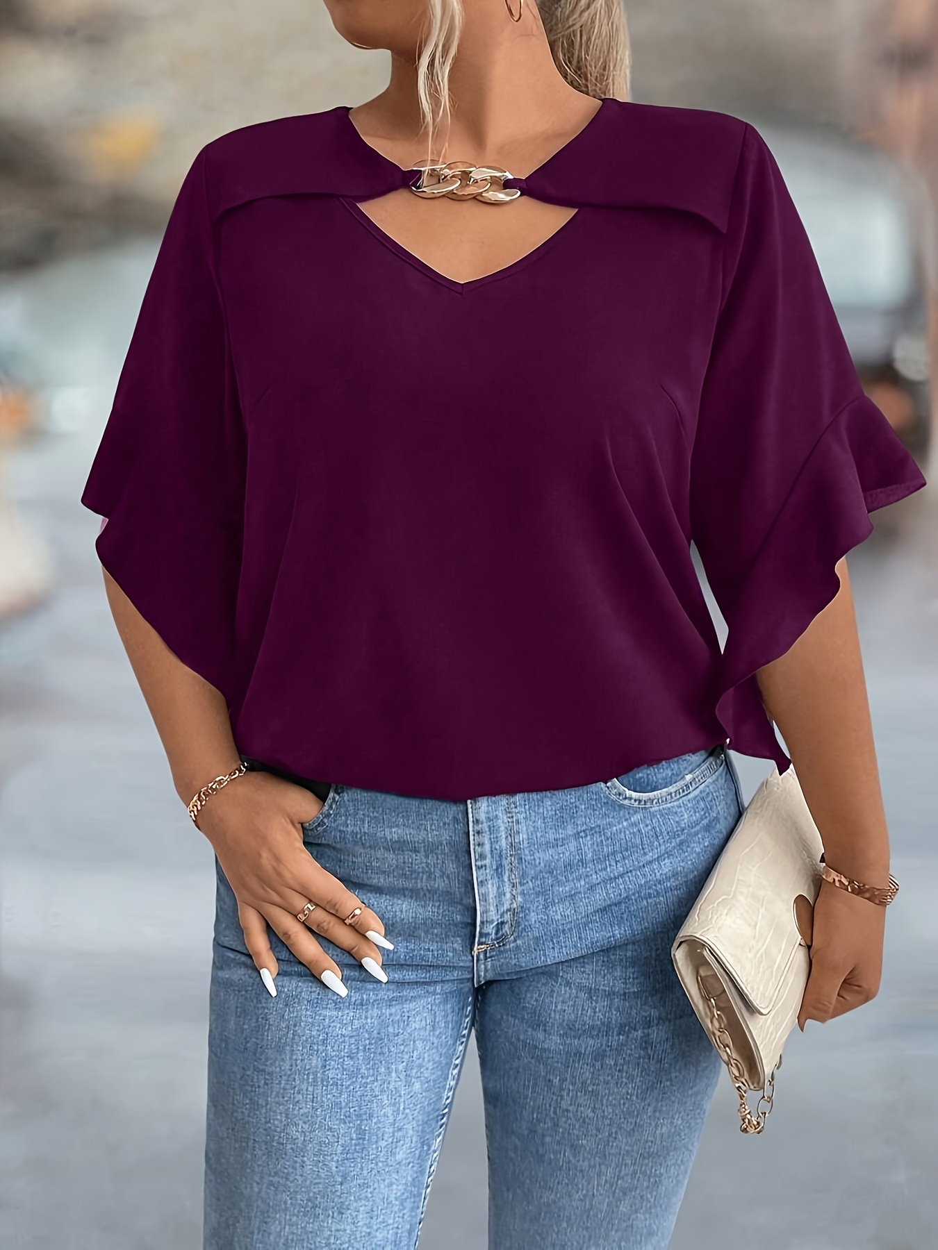 Women'S Plus Size V-Neck Blouse - Soft Pink, Ruffled Sleeves, Casual Summer Top with Golden Chain Detail, Casual Wear|Ruffled Sleeve Top|Vneckline Top