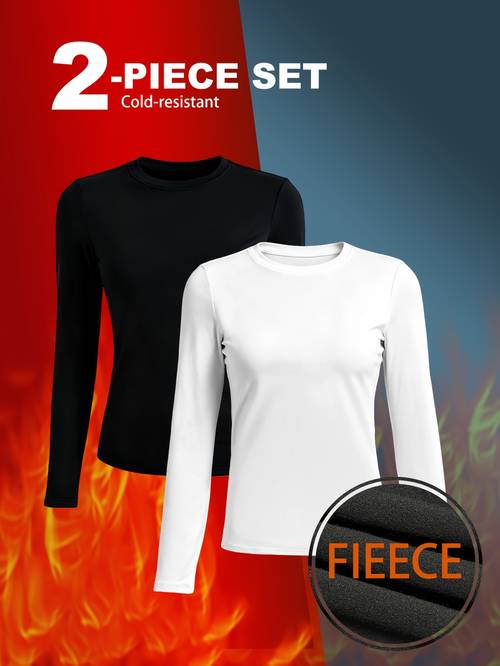 2pcs womens lined warm crew neck long sleeve t shirt warm and comfortable base layer medium stretch essential winter base layer machine washable elastic fabric for casual wear