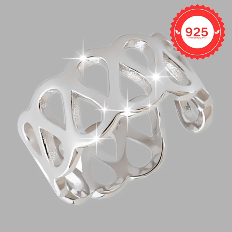 925 Silver Open Ring Wide Face Geometric Lattice Adjustable Fit