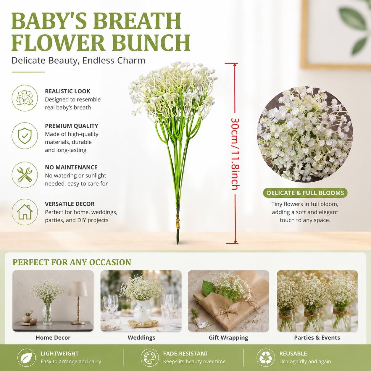 TEMU 18 Bunches Of 540 Artificial Baby's Breath Flowers, White Faux Gypsophila Bouquet For Wedding And Birthday Decorations, Indoor And Outdoor Room