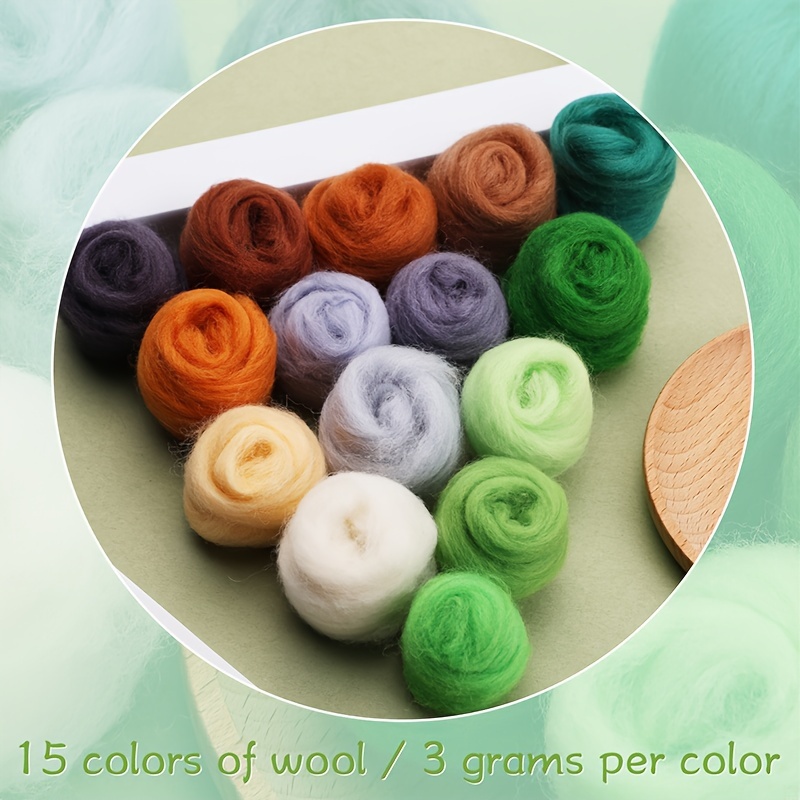 

15 Colors Wool Roving Fiber Yarn, 3g/color - Needle Felting, Diy Hand Spinning, Wet/dry Felt Material Kit, Fabric Craft Supplies