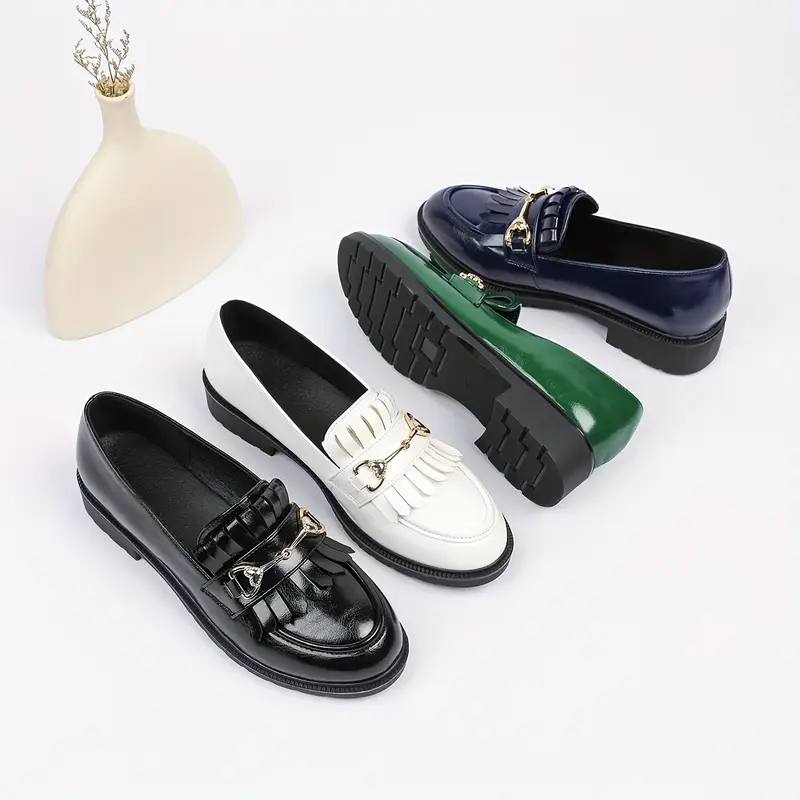 womens fashionable loafers with tassel metal low heel round toe lightweight penny loafers in black white and brown shoes fashionable loafers metal detail lightweight loafers 5