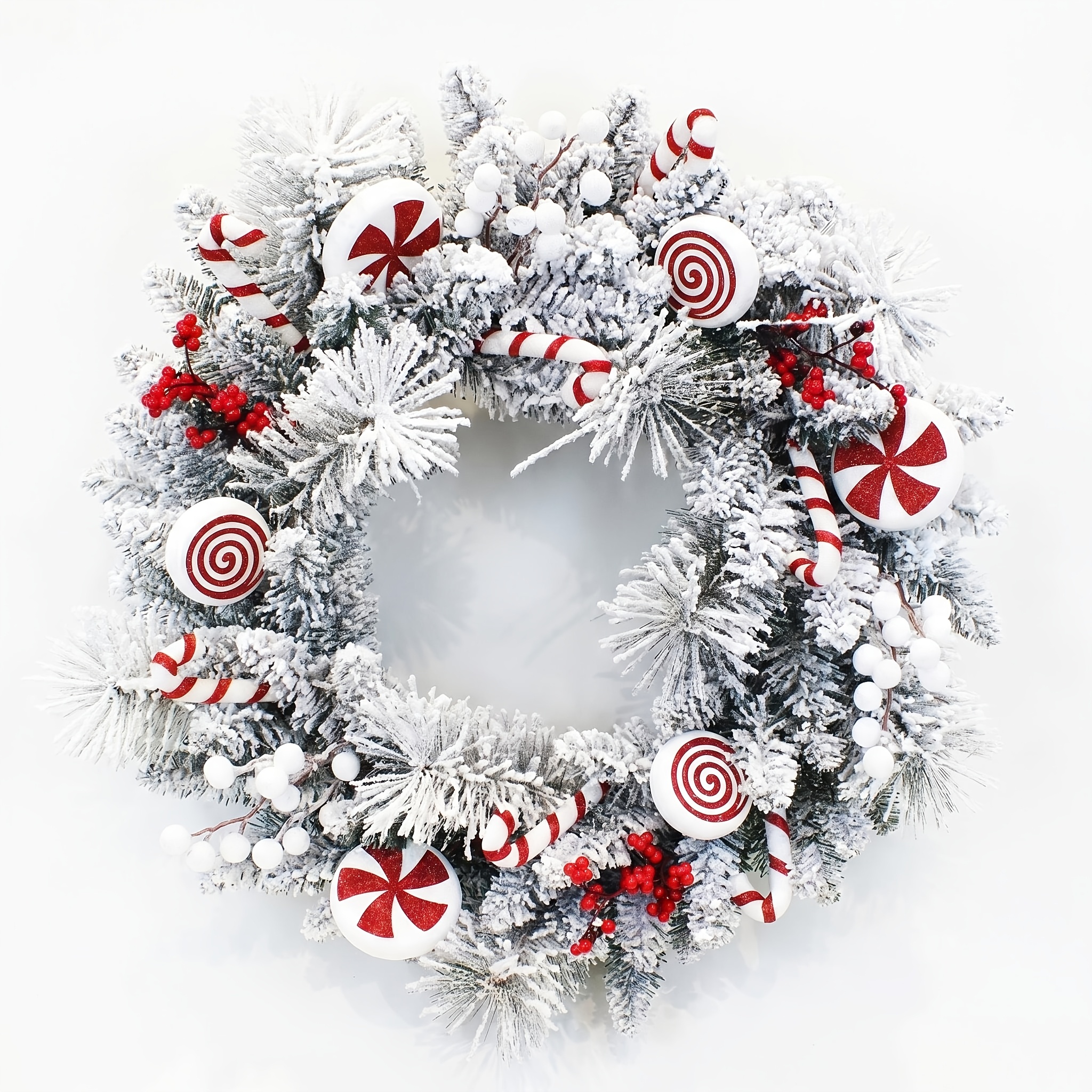 Image of 1pc 60.96cm Large Artificial Christmas Frosted Cedar Wreath, Featuring , Candy Cane, , And Wreath With White Cedar, For Indoor/outdoor Home Farmhouse Porch Front Door Decoration Halloween