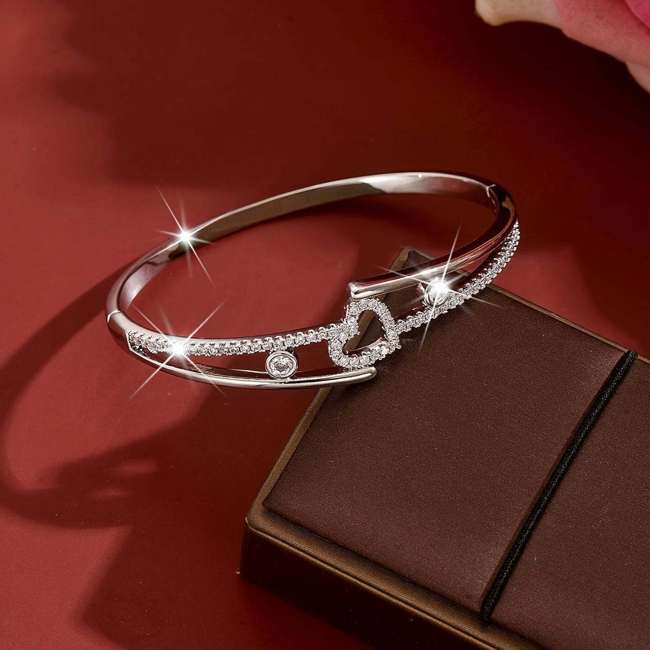 Women's Heart-Shaped Rhinestone Bracelet, Chic Double-Ring Design