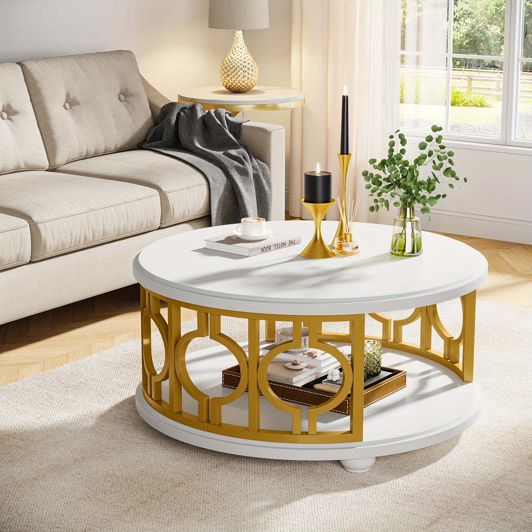 

Round Coffee Table, 2-tier Circle Coffee Table With Storage Shelf, Modern Center Table For Living Room & Office