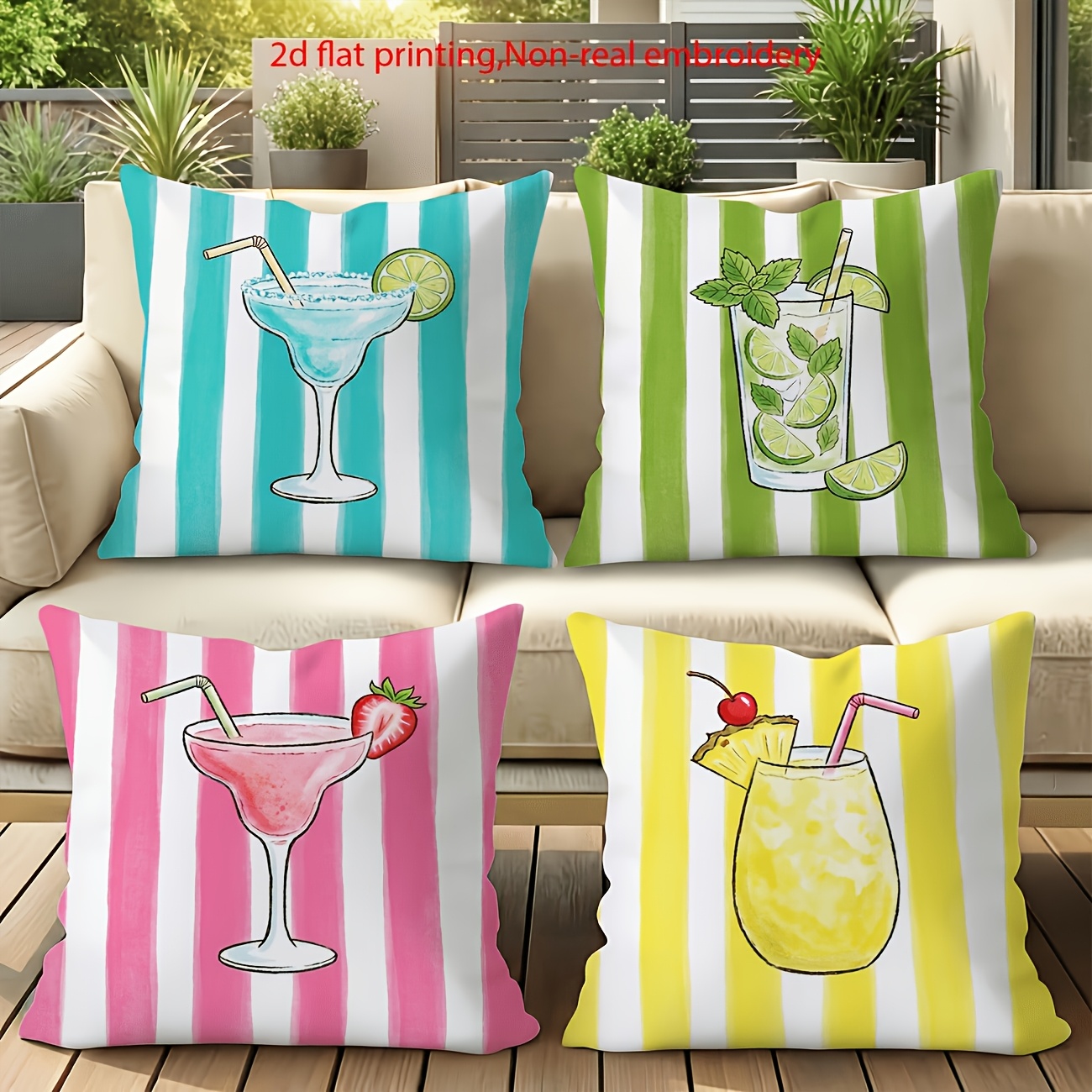 TEMU Set Of 4 Summer Outdoor Pillow Covers 2d Color Striped Cocktail Print Double Sided Polyester Zipper Cushion Covers Machine Washable Home Decor
