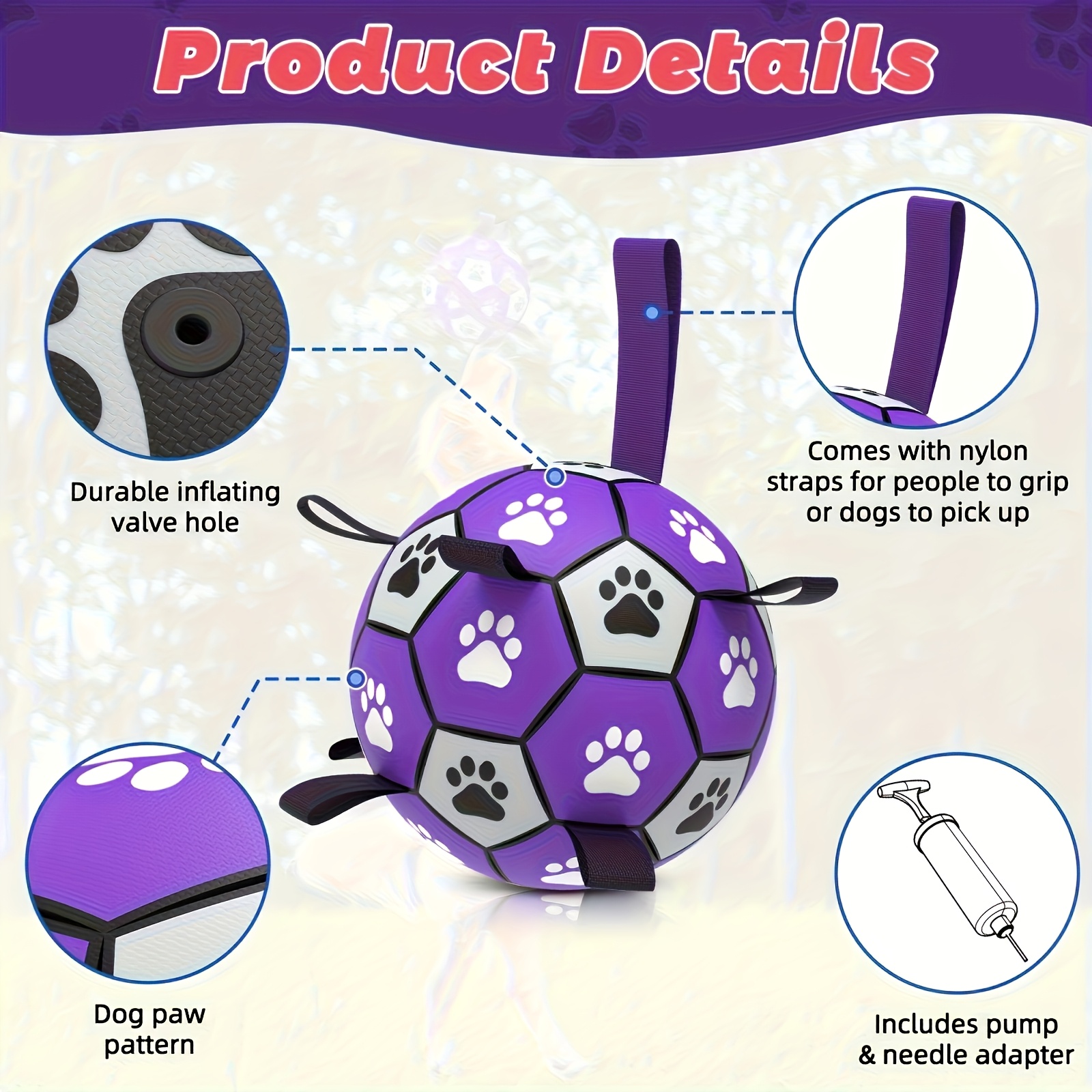 durable rubber dog soccer ball with straps interactive chew resistant pet toy for all breed sizes purple black with paw print design indoor outdoor play training dog ball toy large   3