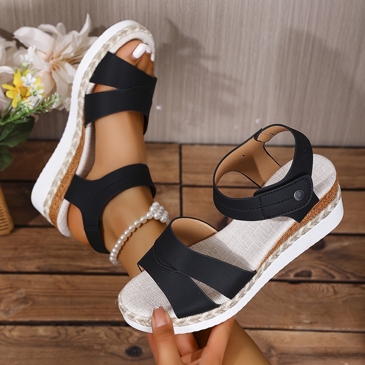 women's fashionable black white espadrille wedge sandals Temu