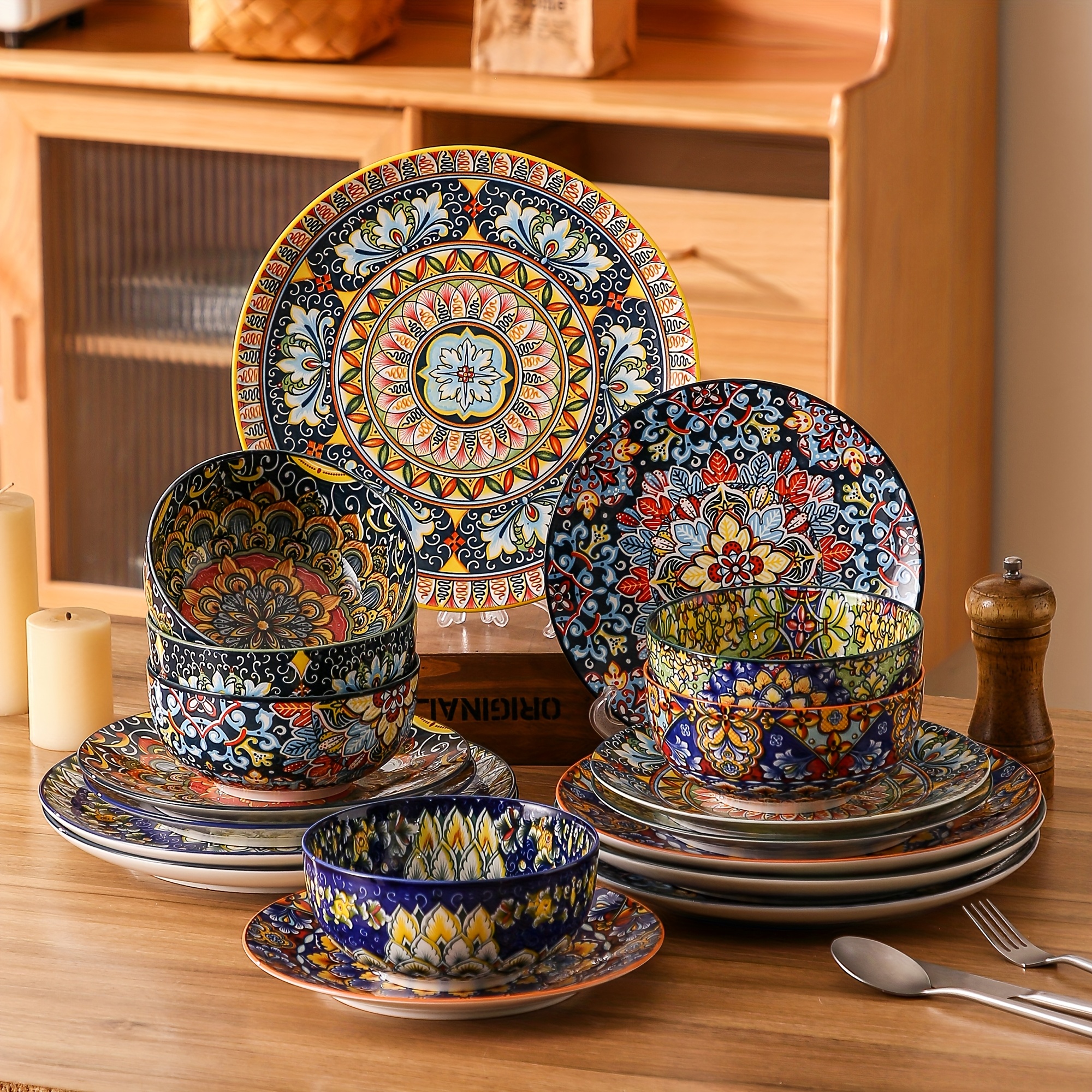 TEMU 18pcs Dinner Sets For 6 People, Dinner Sets, Dinnerware Dish Set With Dinner Plate, Dessert Plate And Cereal Bowl, Boho Colourful Tableware,