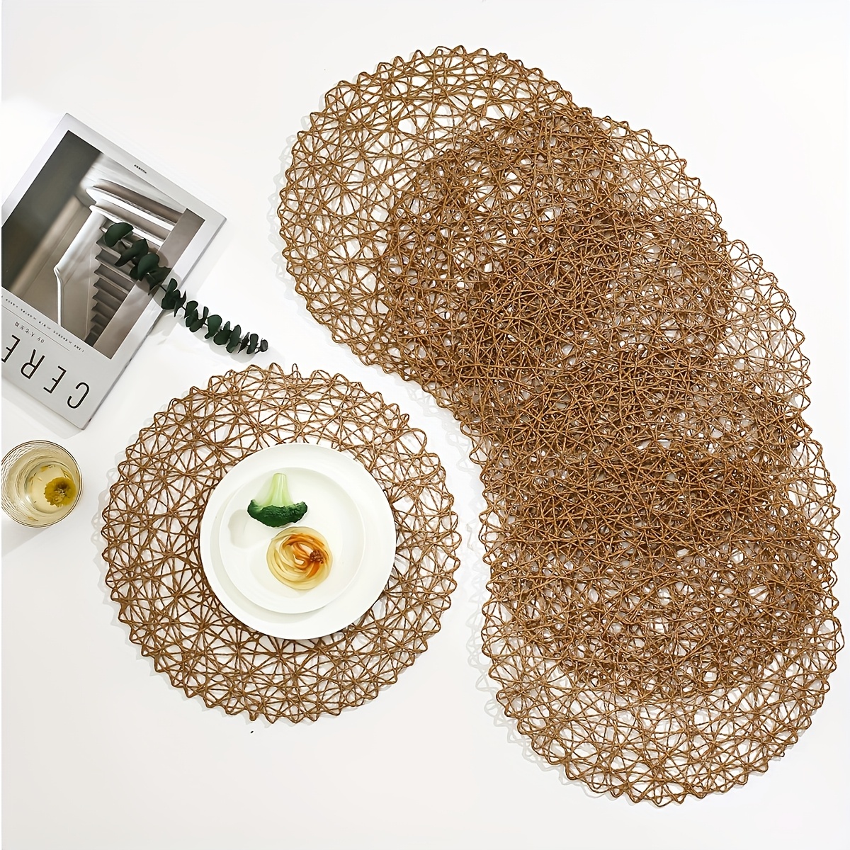 6pcs Hand-woven Hollowed-out Circular Modern Minimalist Style Desktop Decoration Table Protection Placemats Holiday Wedding Party Holiday Decorations