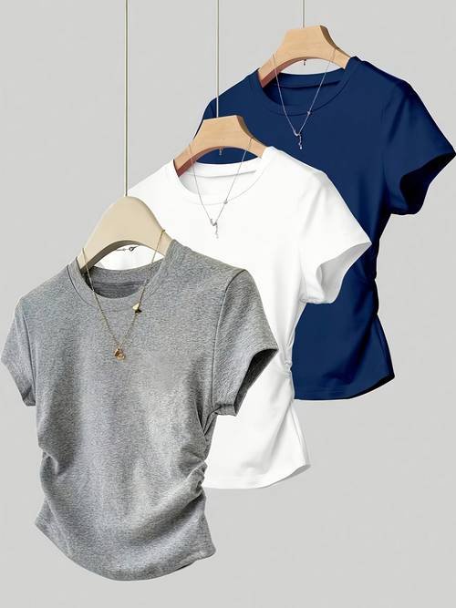 3pcs womens casual t shirt set soft round neck side ruched waist short sleeve top