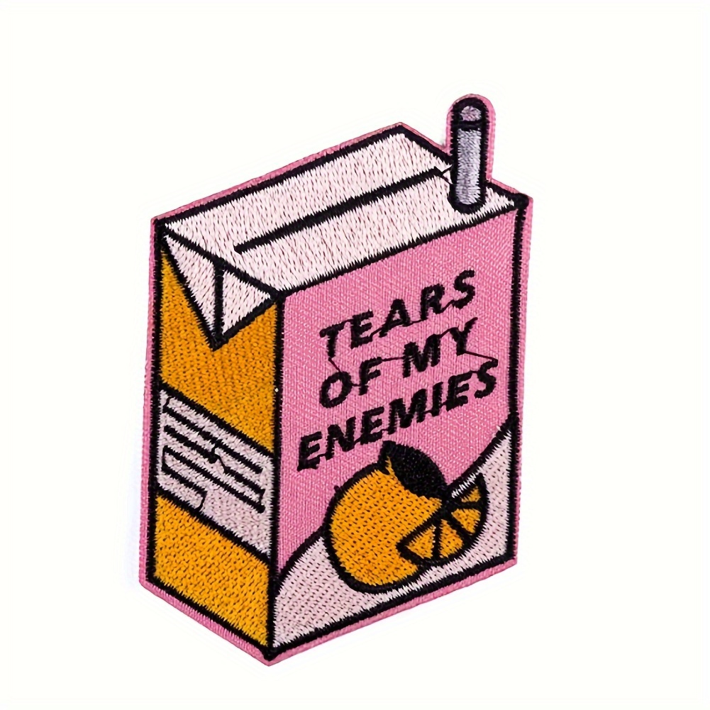 

Embroidered Iron-on Patch Appliqué - Cartoon Orange Juice Box "tears Of My Enemies" Design For Clothing, Jeans, Jackets, Hats, Backpacks, Shirts - Diy Sew-on Decorative Fabric Sticker Accessory