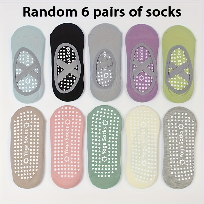TEMU Random 6 Pairs Women's Anti-slip Yoga Socks, Random Colors - Cross-strap Ballet Style Non-slip Sole Invisible Boat Socks - Suitable For