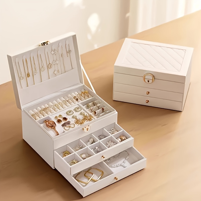 3 tier jewelry box organizer with key lock elegant green   lined compartments secure locking lid for earrings rings necklaces bracelets perfect gift for women home   decor durable synthetic   leather construction large jewelry box keepsake holder sophisticated design   leather   jewelry boxes Product details 8
