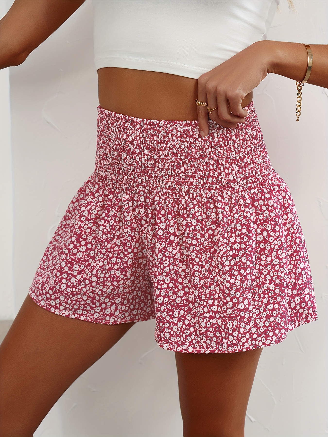 Women's High-Waisted Floral Print Shorts - Black & White Ditsy Pattern, Ruffled Hem, Stretchy & Comfortable Summer Fashion, Hand Wash Only, High Waisted Shorts
