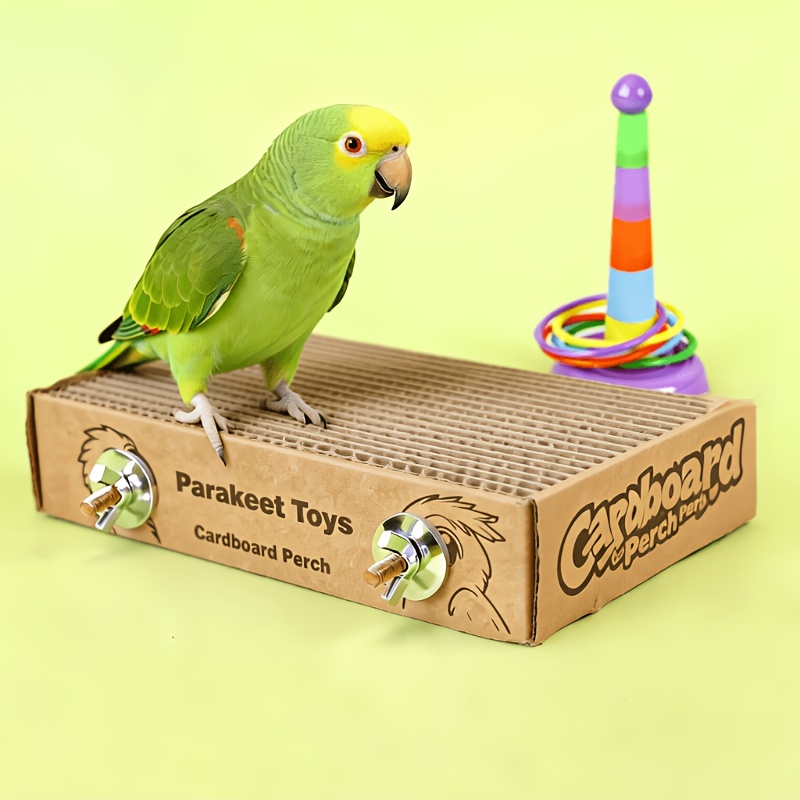TEMU 2pcs Parrot Boredom- Toy Set! Beak And Claw Grinding Cardboard, Chew-and-vent Perch, Ring-toss Toy - Essential Birdcage Additions!