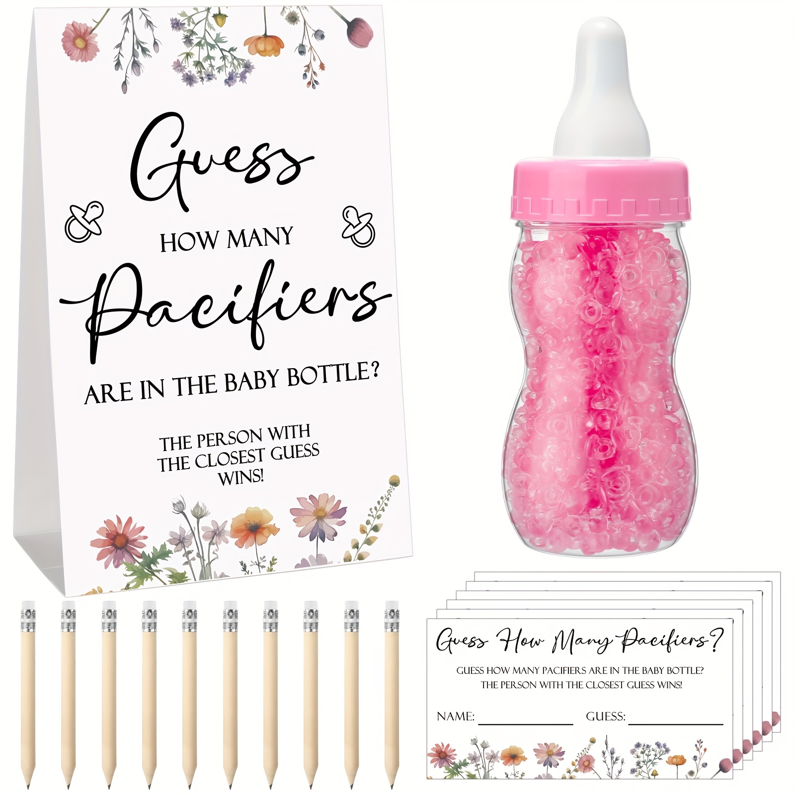 TEMU 512pcs Games Pacifiers Sign Small Guessing Games 10 Hb Pencils 750ml Milk Bottle 400 Acrylic Pacifiers Decoration For Guest Gender Reveal