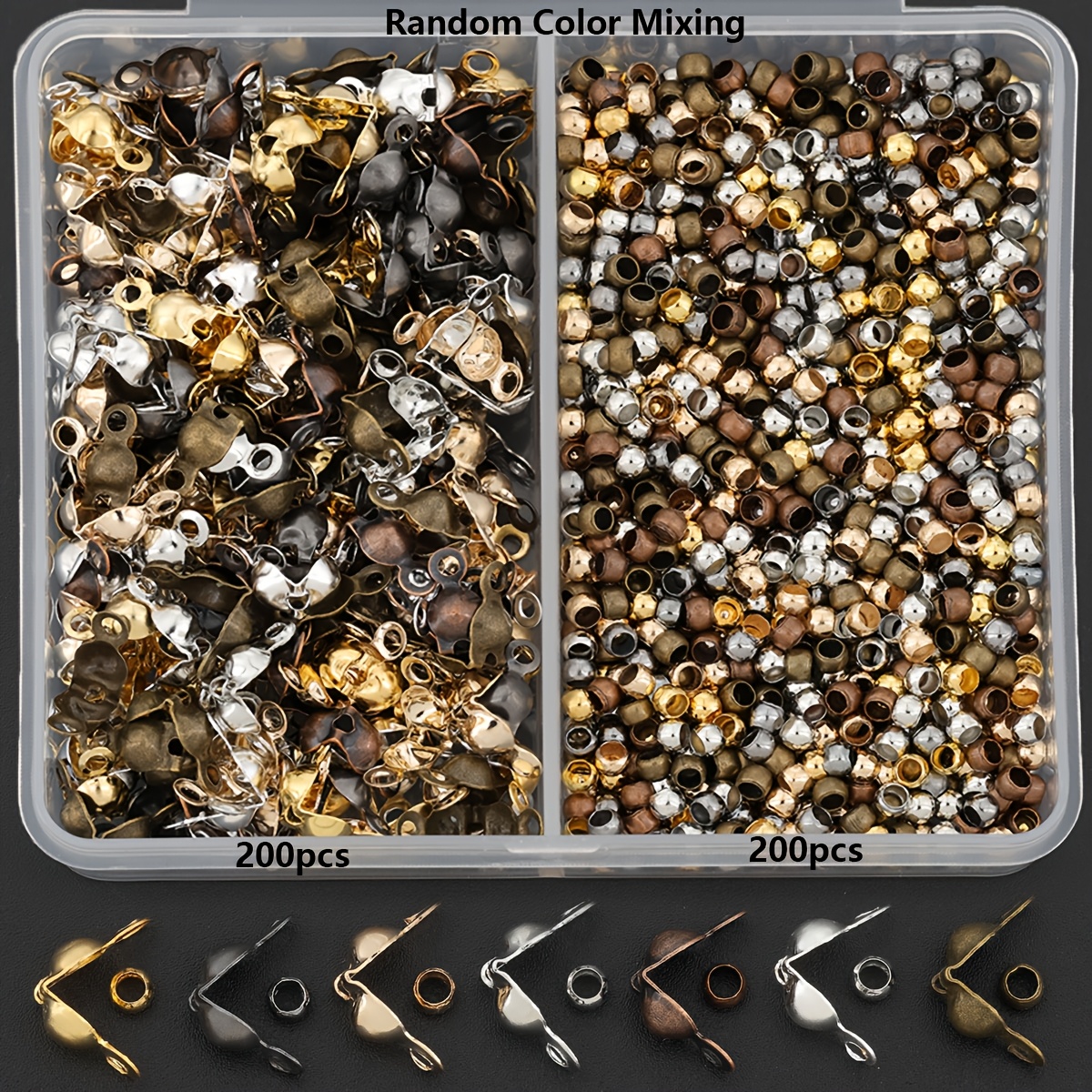 TEMU 400pcs/box Connecting Ring Parts Random Mixed Colors, Includes 200pcs Crimp Beads And 200pcs Positioning Beads, Suitable For Weaving Jewelry And