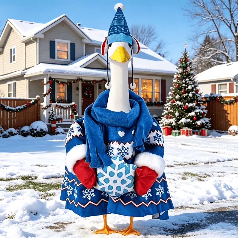 TEMU 23-inch Christmas Yard Statue Outfit Set Winter Snowflake Sweater Dress Scarf Gloves Pointed Hat Set Outdoor Porch Decoration Goose Ornament