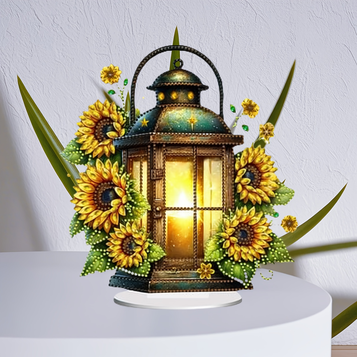 

2d Flat, Vintage Sunflower Lantern Acrylic Decor - Rustic Countryside Style, For Living Room, Bedroom, Study, Entryway | , Tabletop Display, No Power Needed