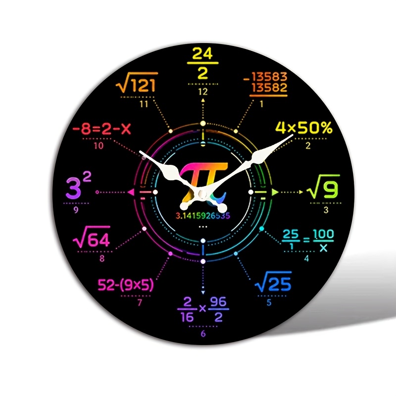 TEMU 1pc Colorful Math Formula Round Silent Clock, Pi Element Wall Decor Clock, Black Scientific Style Clock, Suitable For Study, Bedroom, Classroom,