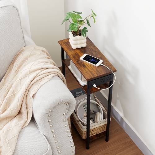 2pcs narrow side table with charging station small end tables for small spaces 3 tier night stand skinny sofa table with storage shelf spring