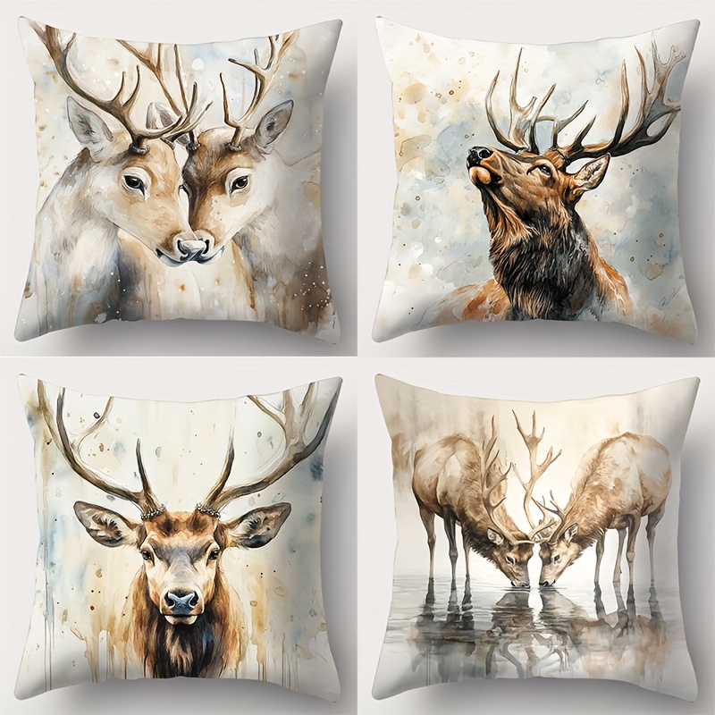 TEMU 4pcs, New Watercolor Style, 17.72 X 17.72 Inches, Comfortable To Match, Practical And Beautiful, , Deer Pattern Pillowcase, Suitable For Sofa, ,