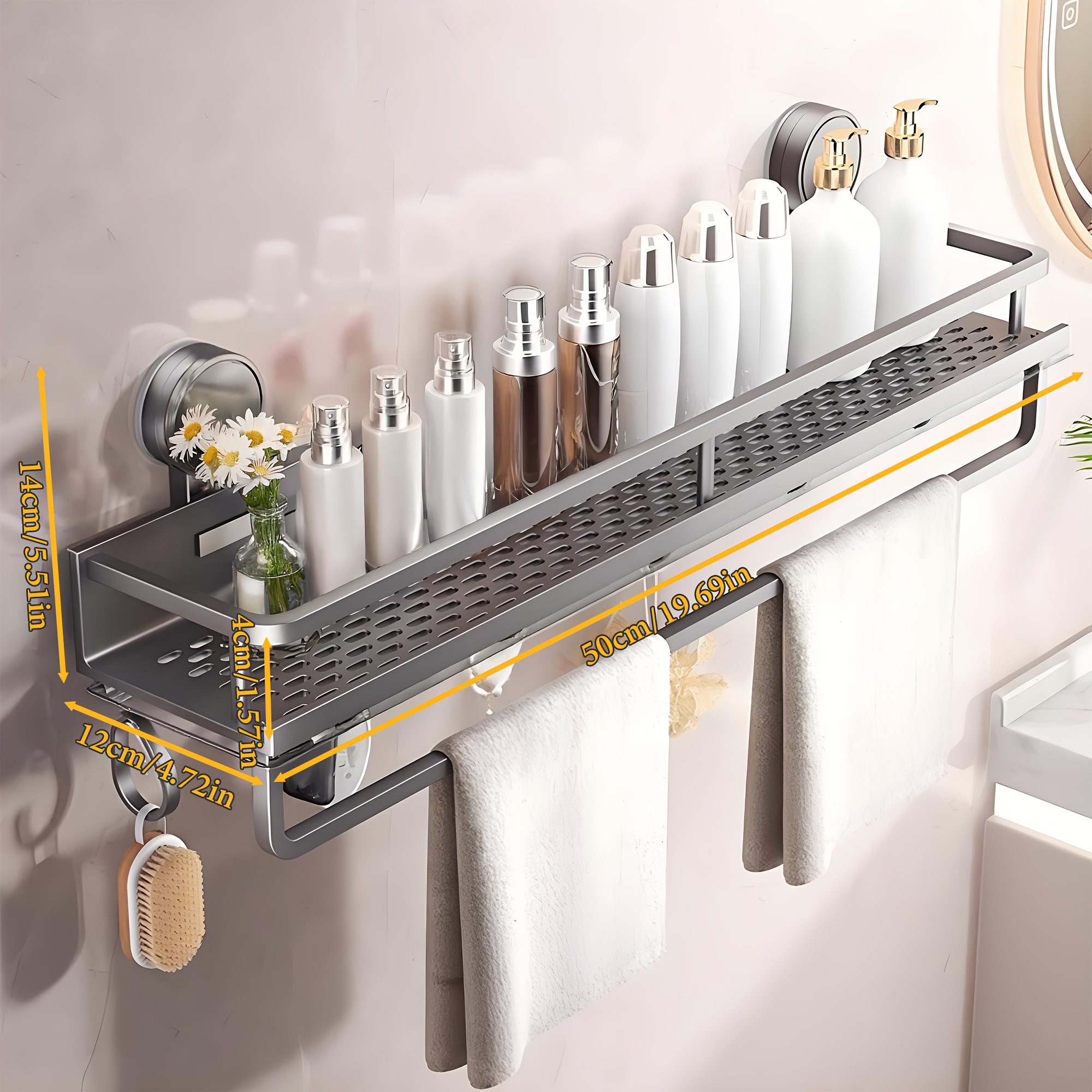 TEMU 1pc Easy-install Suction Cup Shower Caddy, Wall-mounted Organizer For Shampoo & Soap With Towel Holder, Heavy-duty Floating Shower Shelve For