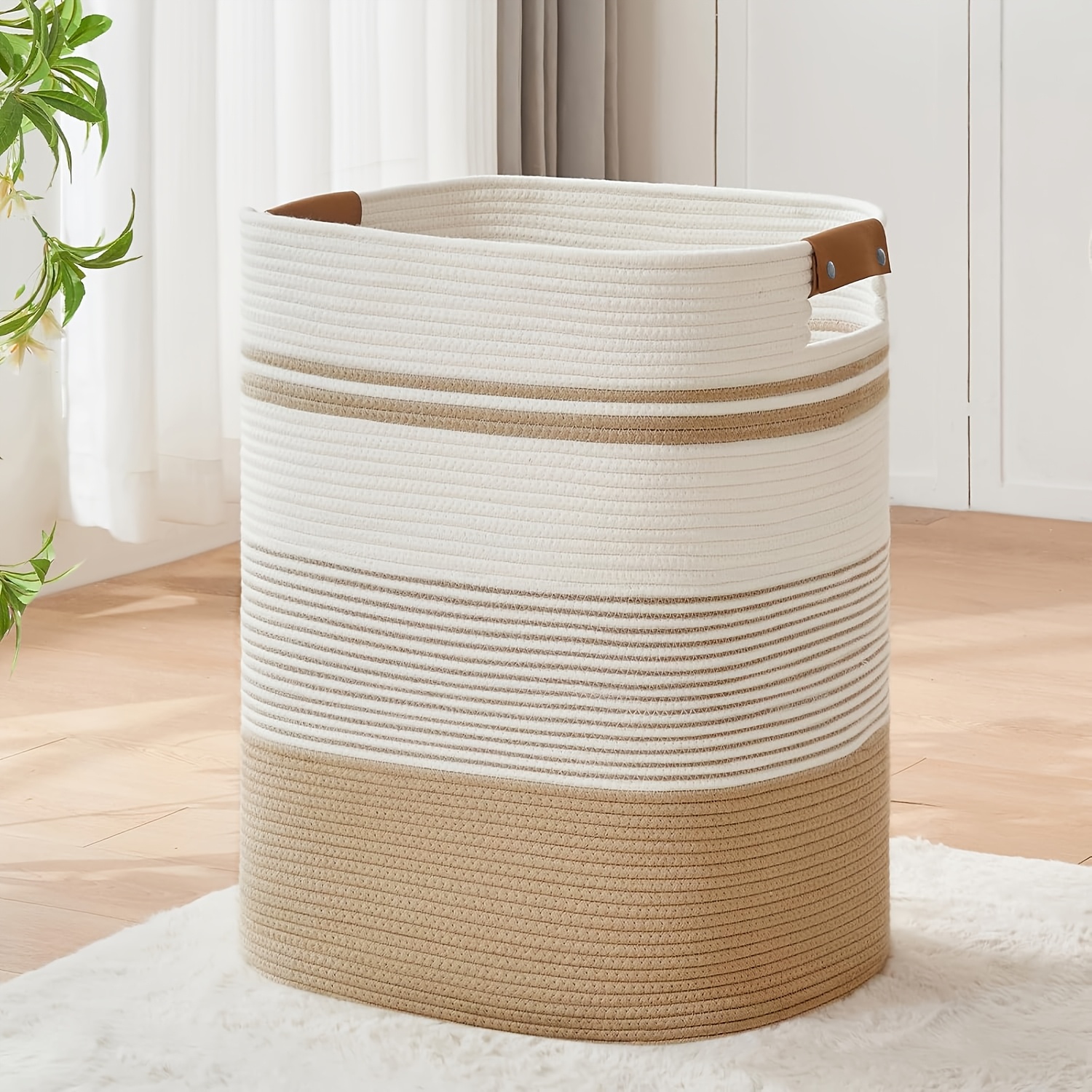 Laundry Basket with Handles - Blanket Basket And Hampers for Bedroom Aesthetic, Laundry Hamper And Blanket Storage for Living Room, Clothes Hamper, Tall, Large Light Brown And White, Shelf Baskets