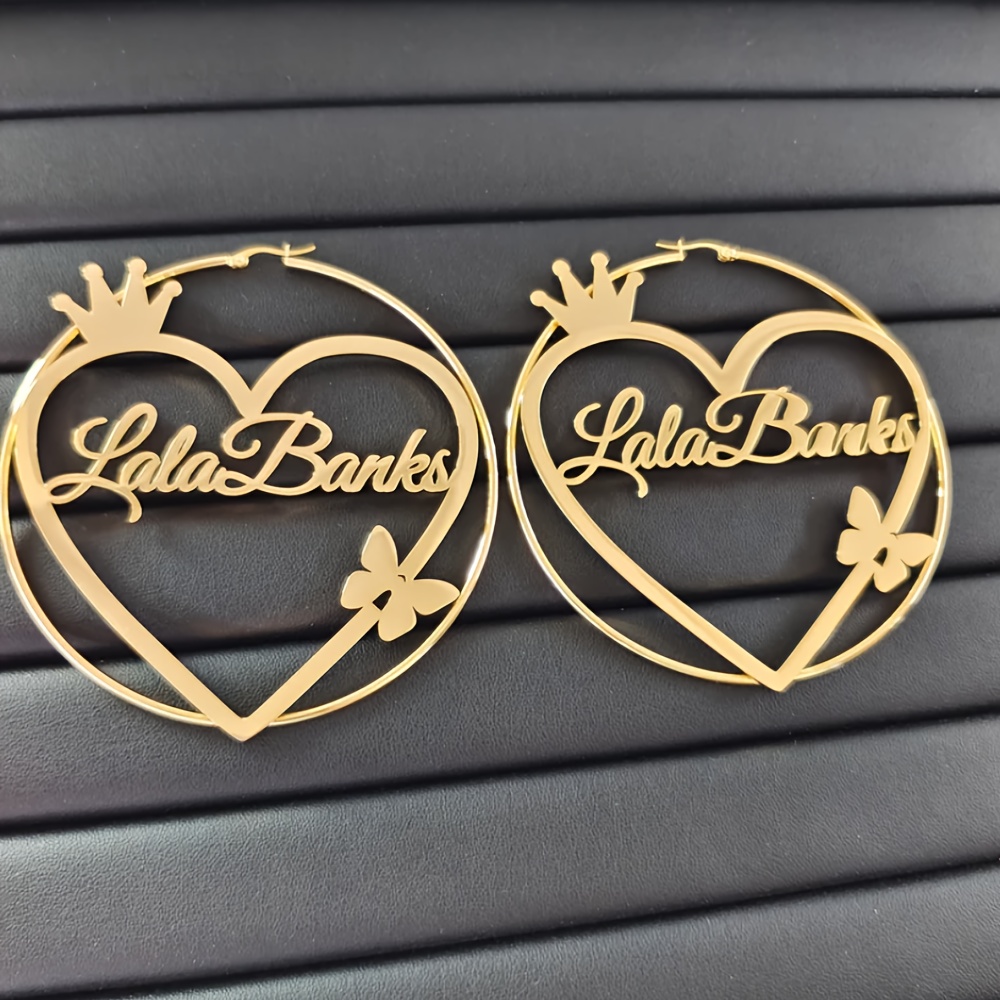 

18k Golden Plated Stainless Steel Customizable Heart & Butterfly Hoop Earrings, Elegant Boho Style, Ideal For Party And Vacation Accessory, All Seasons - Personalized Fashion Jewelry Gift