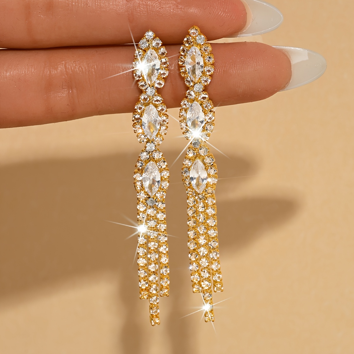 TEMU New Fashionable Sparkling Tassel Earrings, European And Long Elegant Drop Earrings, Holiday And Date Gift, High-end Party And Date Ear
