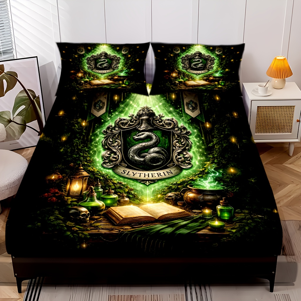 TEMU 3pcs Warner . Harry Potter Cartoon Fitted Sheet Set - Vibrant Hd Printing, Deep Soft And Cozy Bedding For Home Dorm, Double Bed Single Bed