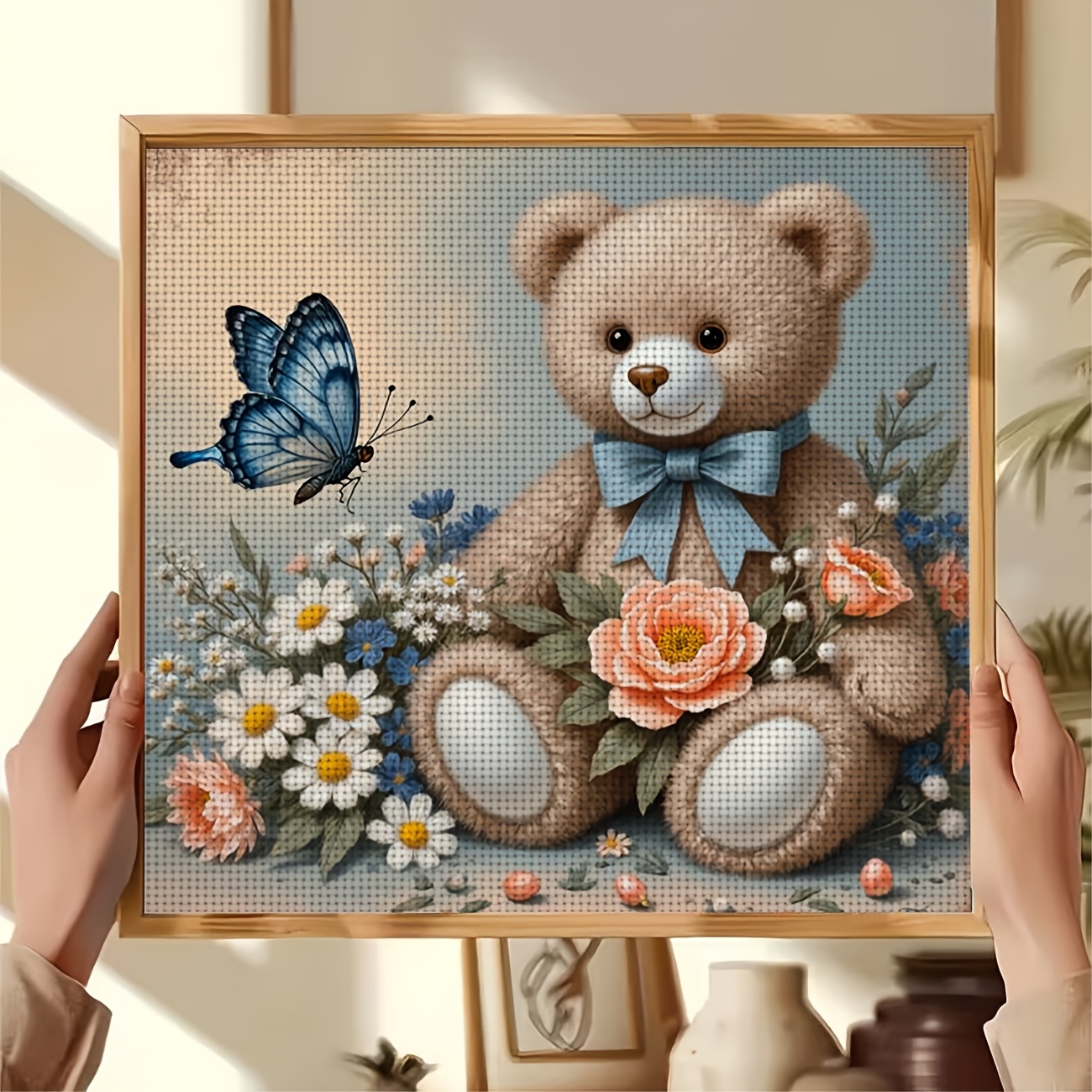 DIY Cross-Stitch Printed Kit - Teddy Bear and Flower Butterfly Design