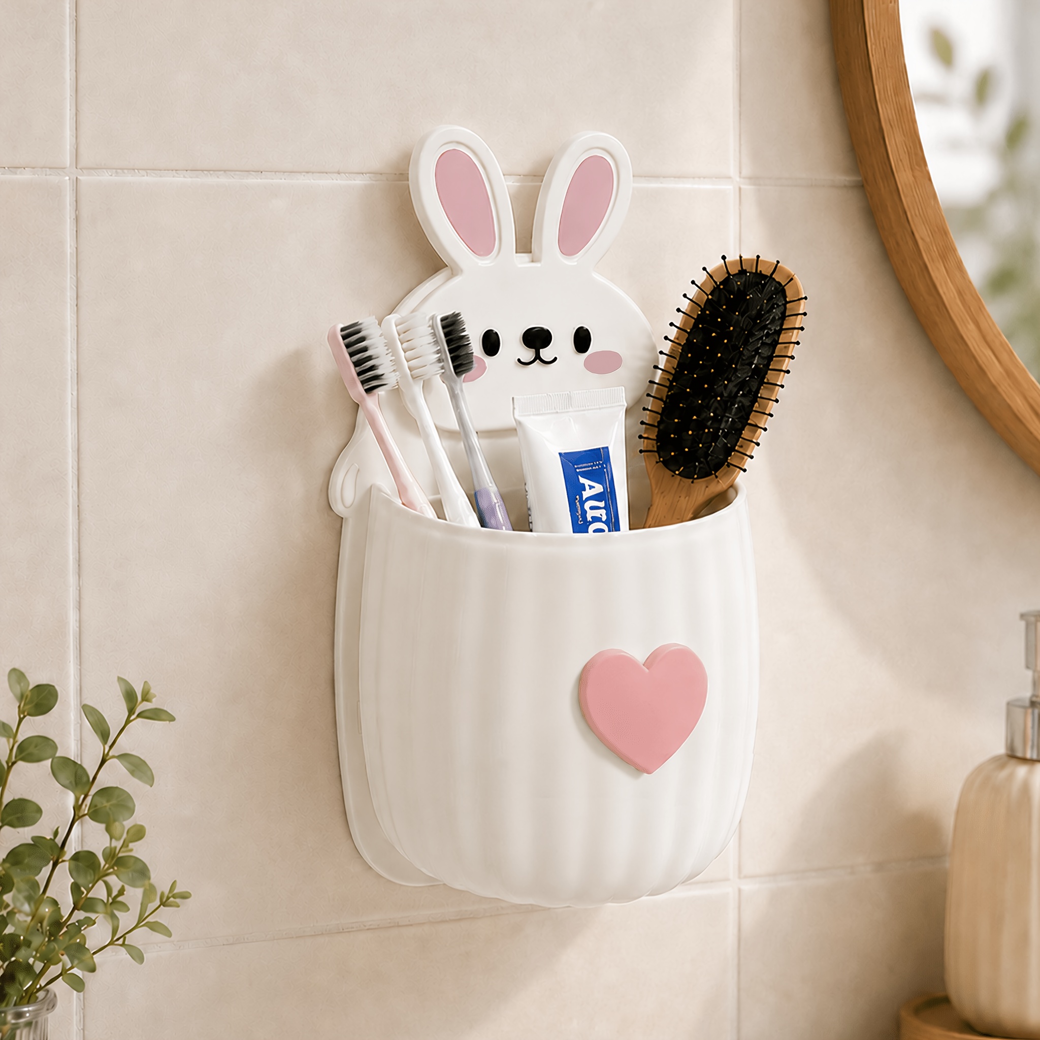 TEMU 1pc Cute Rabbit Organizer And Heart Decoration, Space-saving Wall-mounted Toothbrush And Toothpaste Rack, Bathroom Decor Accessory, Suitable For