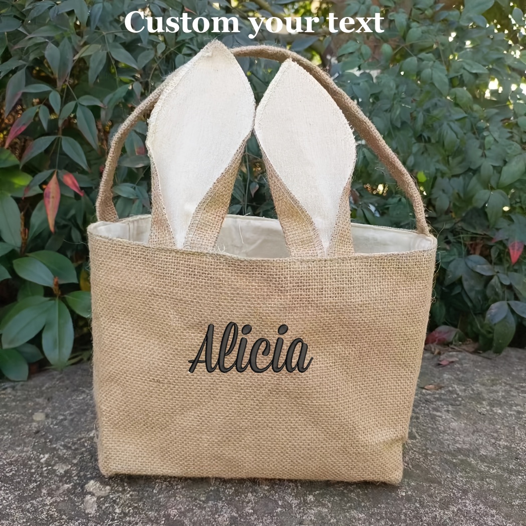 

Personalized Bunny Easter Tote Bag Basket, Custom Bunny Baskets With Name, Burlap Bunny Easter Gift Bag