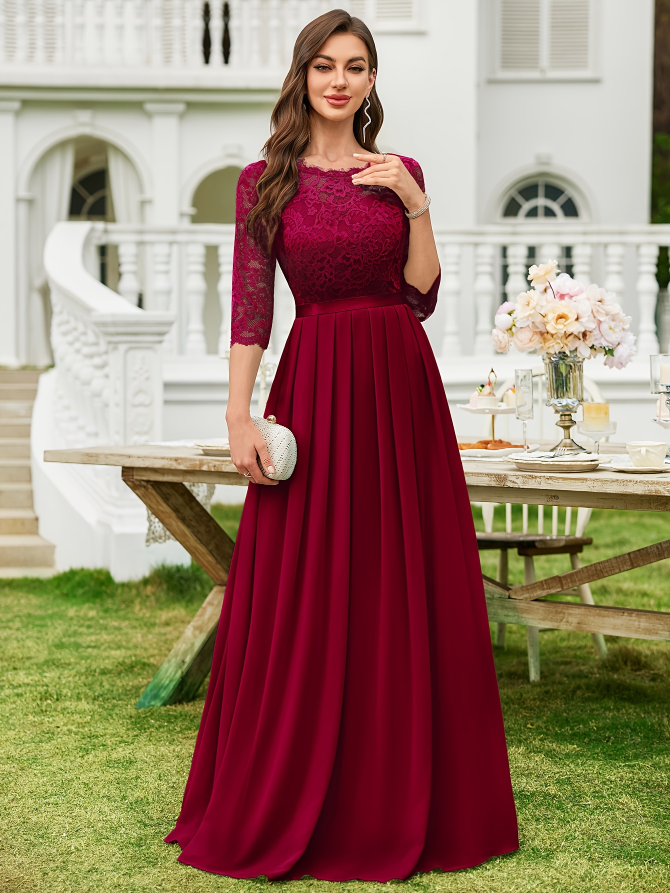 womens elegant floral lace contrast chiffon 3 4 sleeve - Temu Kuwait