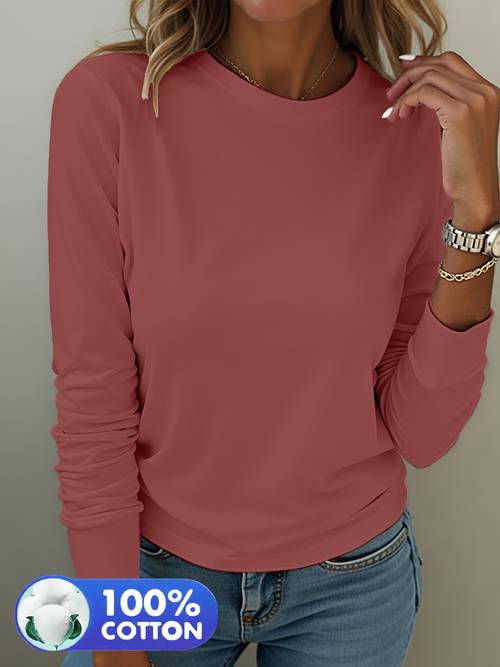 damen langarm-t-shirt aus baumwolle, lockere passform, vielseitiges oberteil, schlichtes freizeit-t-shirt mit rundhalsausschnitt