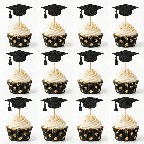 12pcs graduation cupcake toppers black glitter graduation hat cupcake toppers set with golden decorations for graduation party celebration